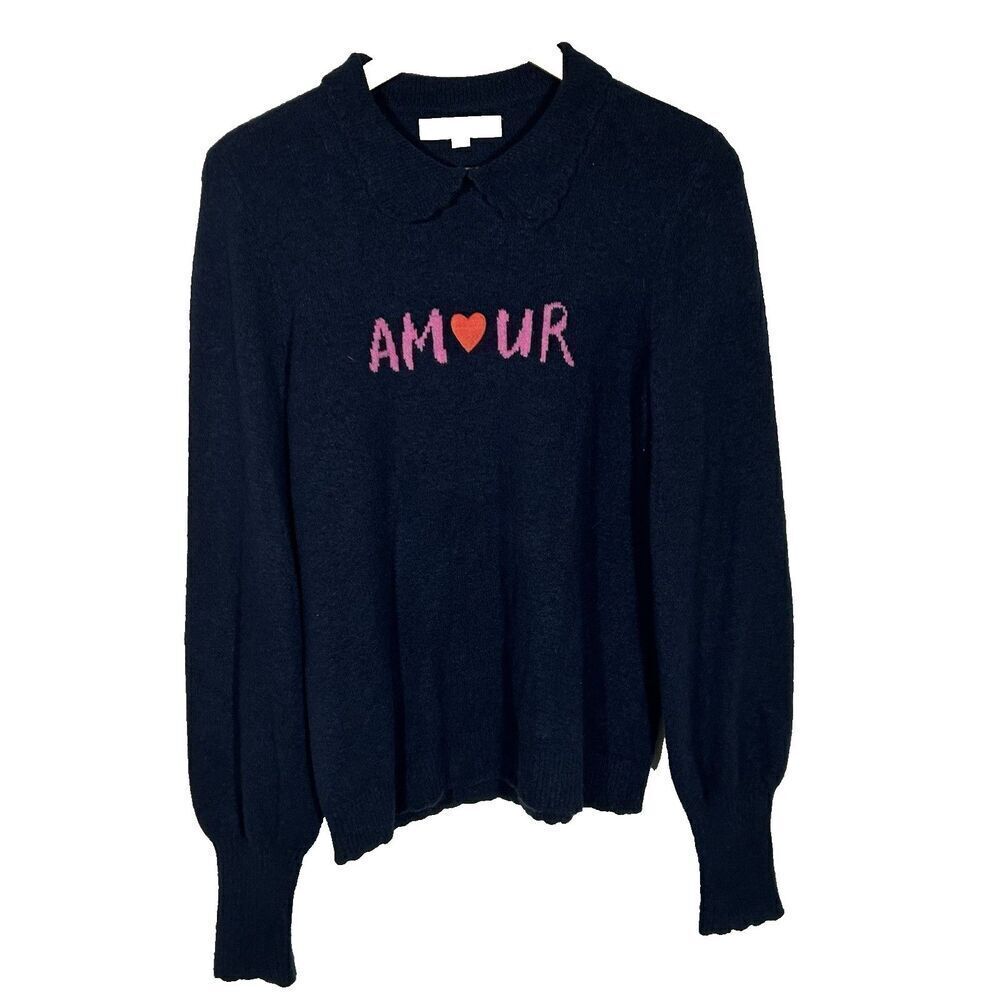 LOFT Amour Sweater Size Small Scallop Collar Pullover Embroidered Heart Love